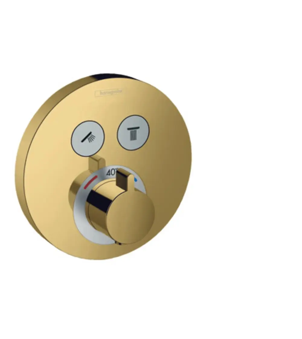 Hansgrohe Thermostat für die Duschsteuerung, Unterputzinstallation mit zwei Reglern, für Wasserfluss und Temperatur. Farbton in poliertem Gold.